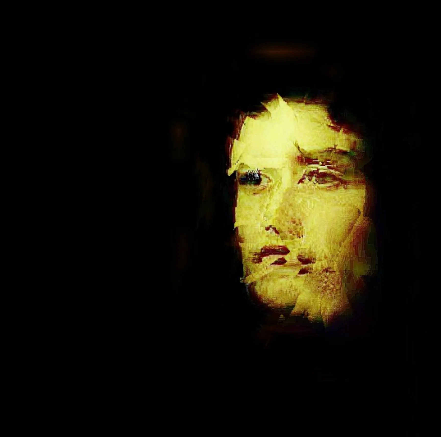 Cover for bank woe — a face lit in gold emerging from near-black, the image torn and degraded.