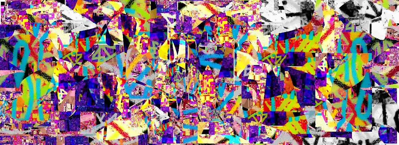 A dense glitch collage in saturated violet, cyan and yellow, shot through with fragmented letterforms.