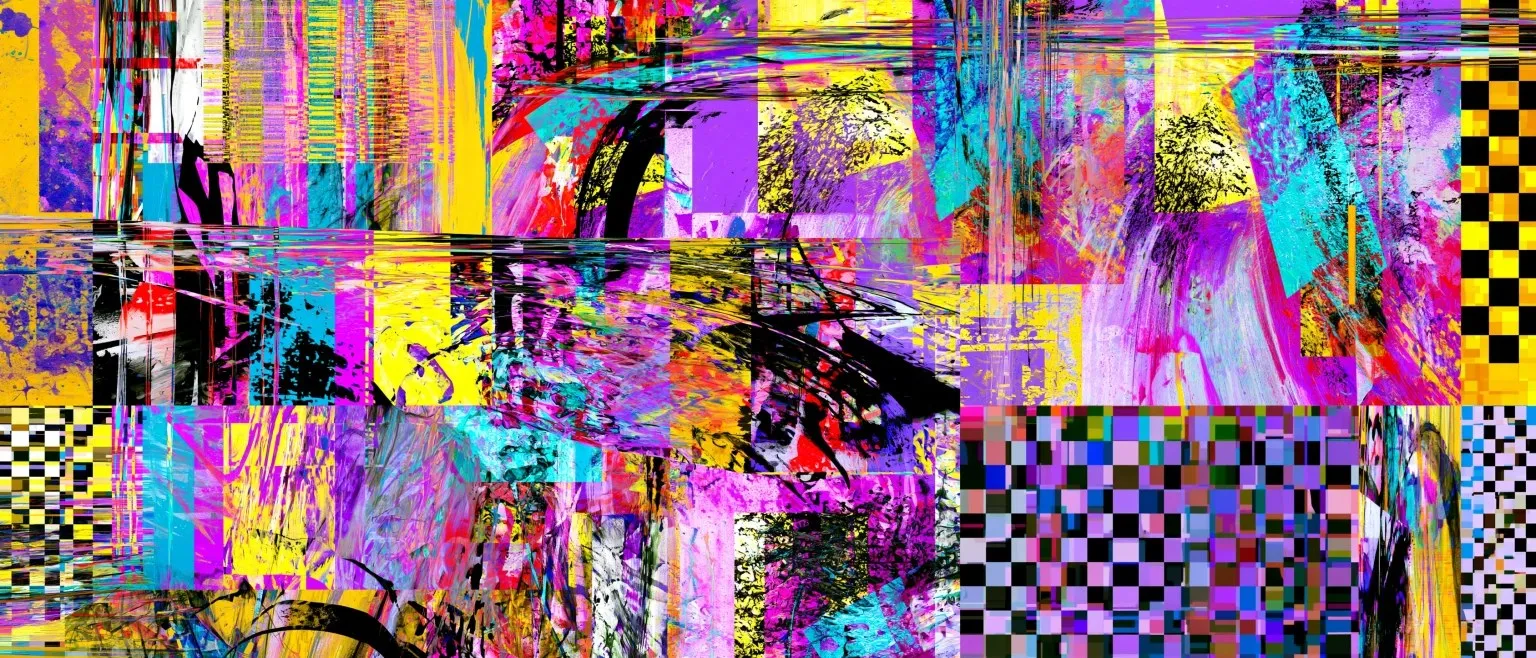 Torn digital planes in violet and yellow over black, checkerboard at the lower right.