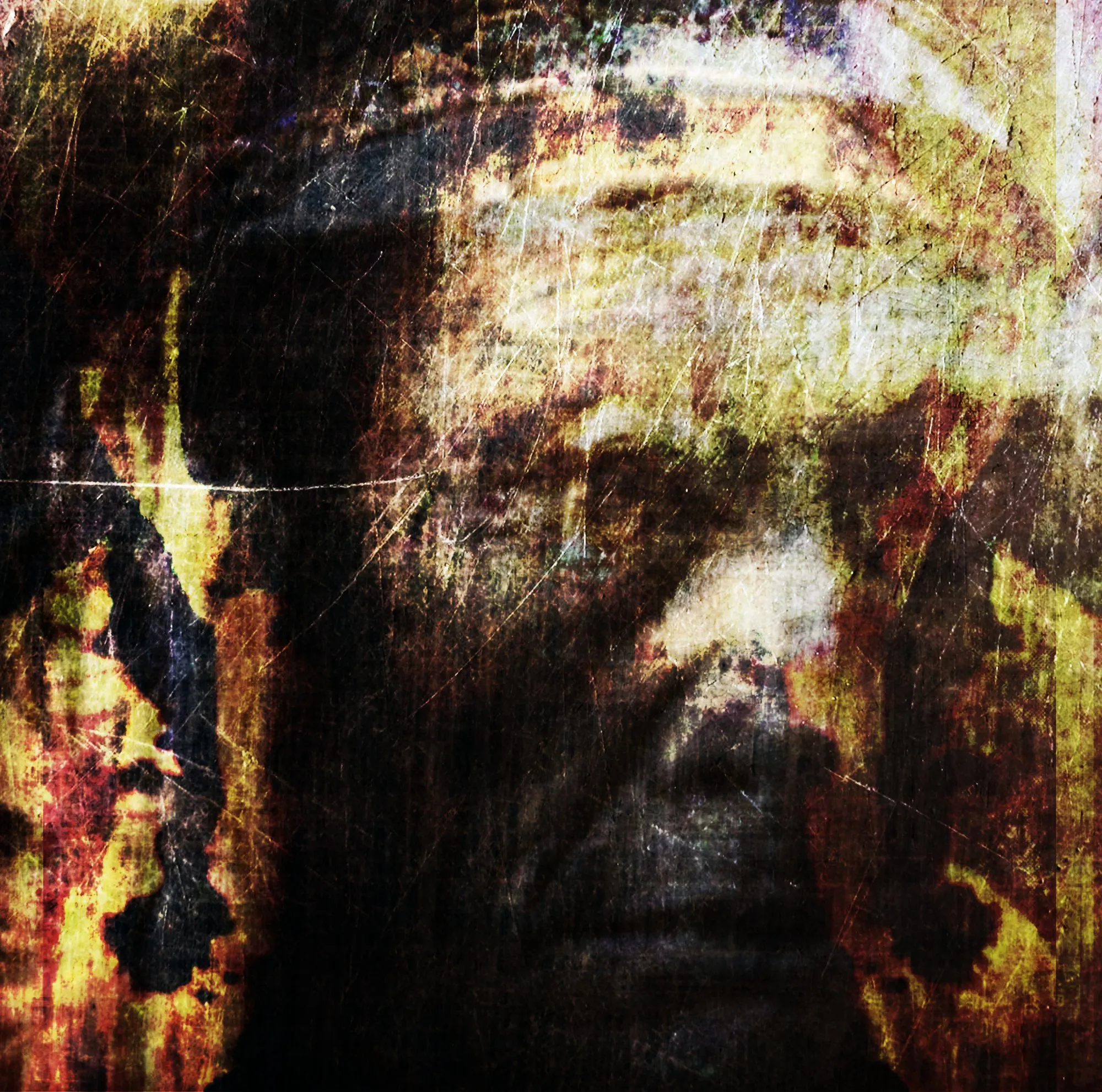 A face emerging from a scratched, gold-and-black surface, the image worn and part-dissolved as if from a damaged painting.