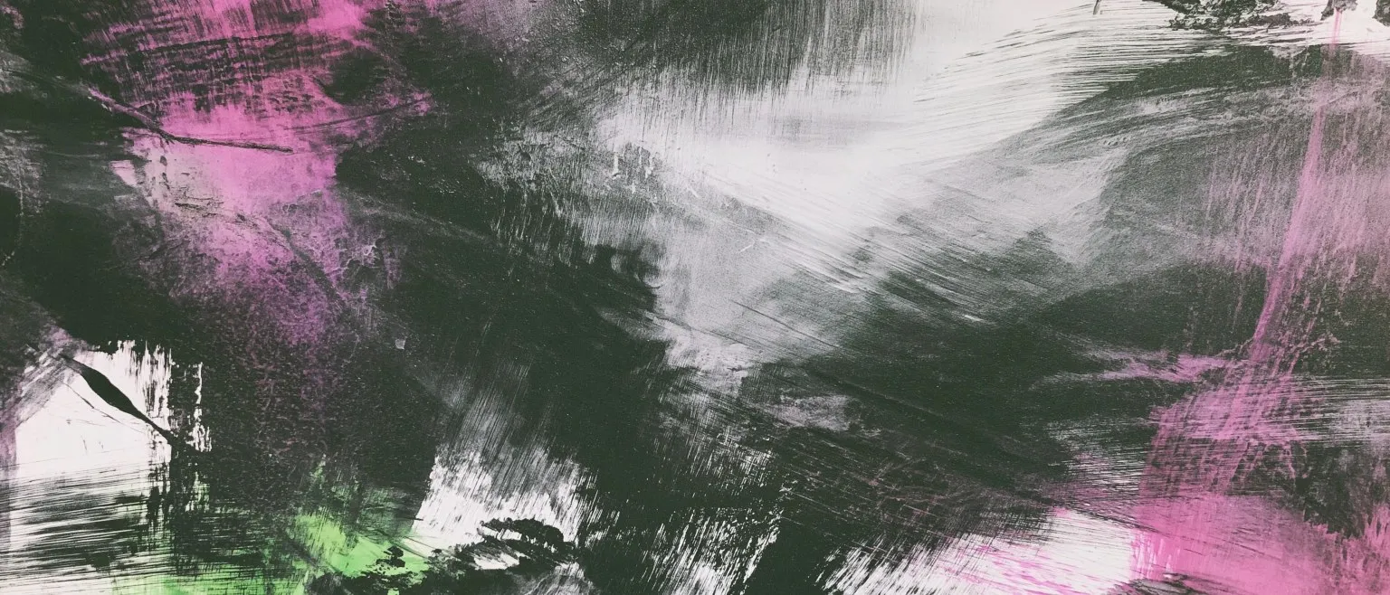Grey and white brushwork cut with magenta and a flash of green.