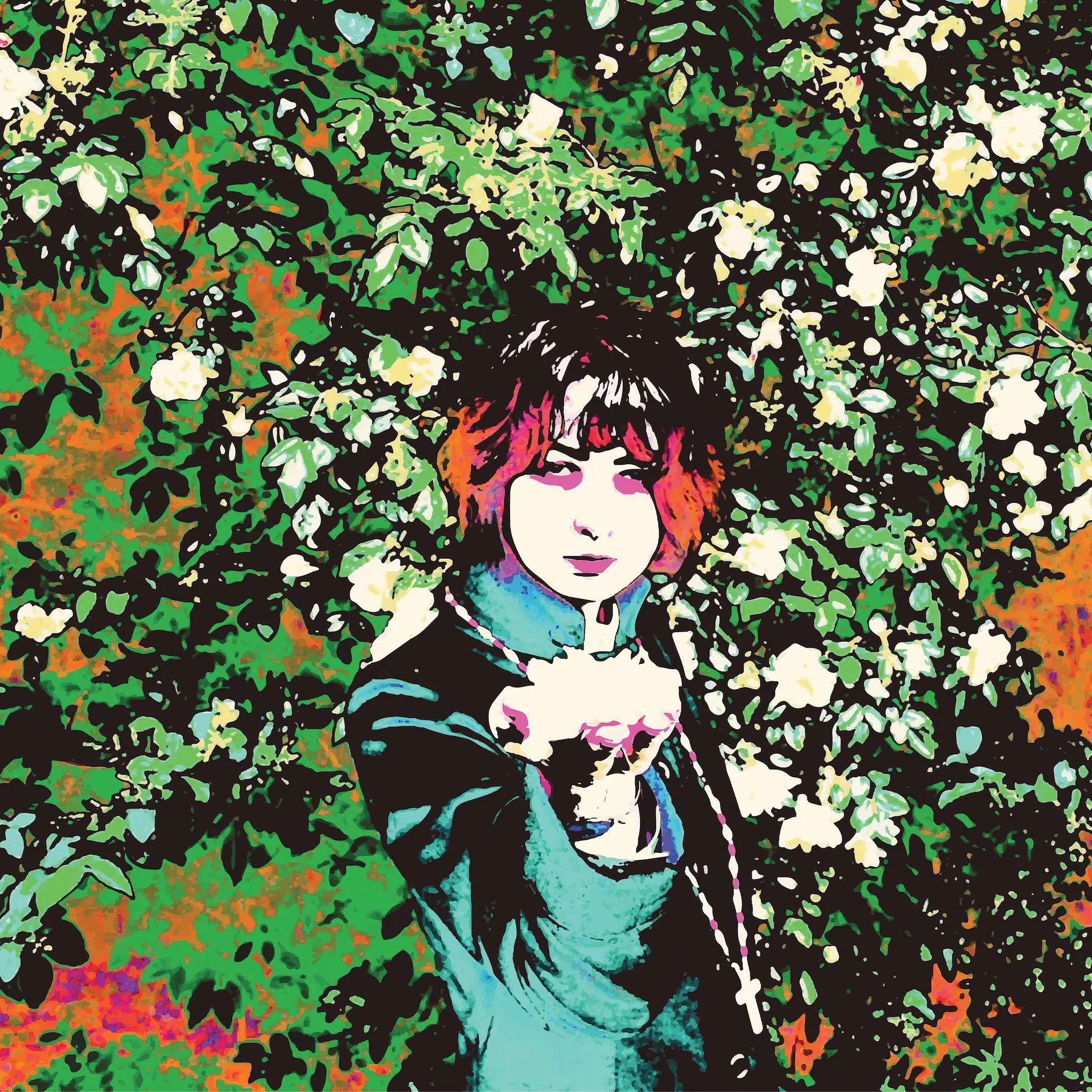 Cover for It's Your Birthday — a posterised portrait in hard greens and oranges, a figure in a teal jacket holding a small white cat among blossom, a rosary hanging from one hand.