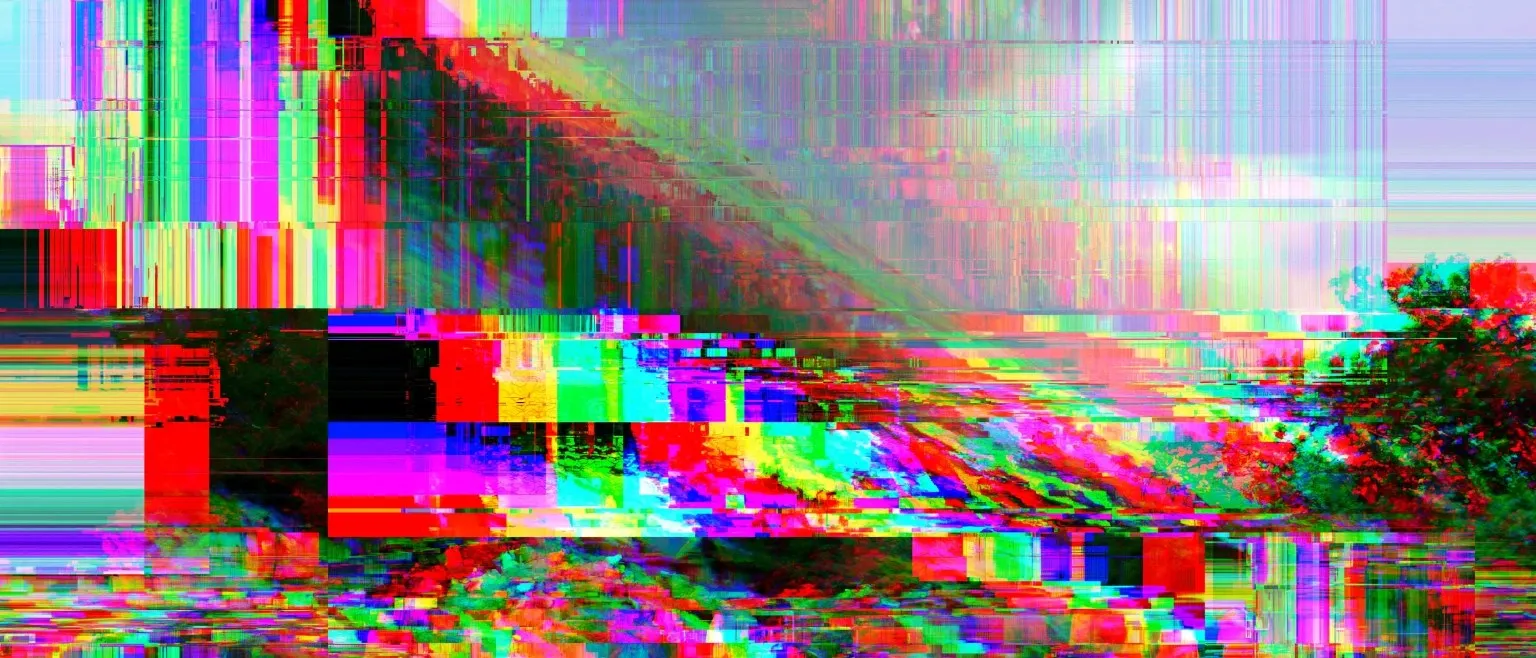 A horizontal data smear in red, cyan and white, a bright ramp at the centre.