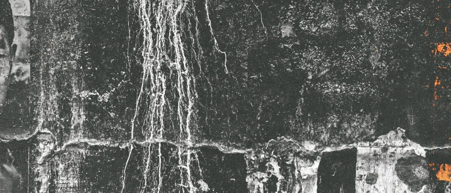 Pale roots running down a black surface, a rust edge at the right.
