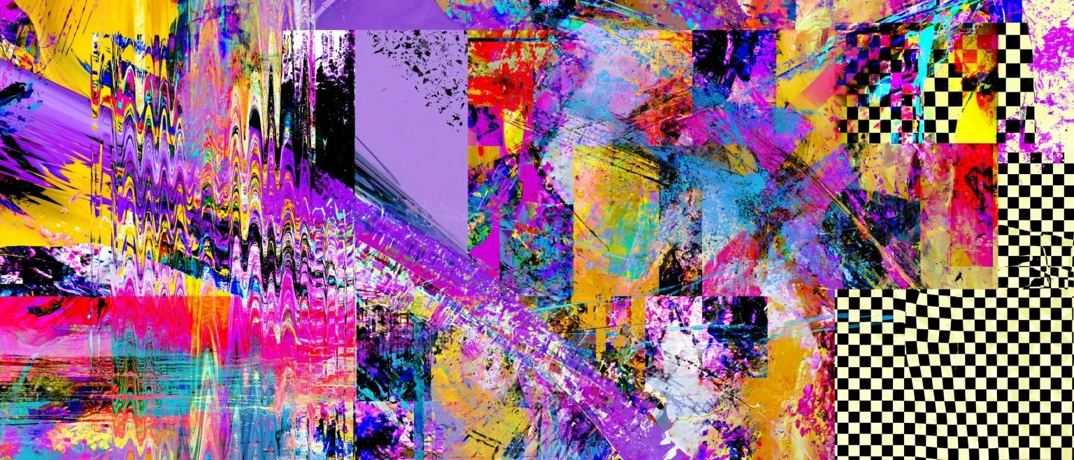 Violet and yellow shards cut by a black and white checkerboard.