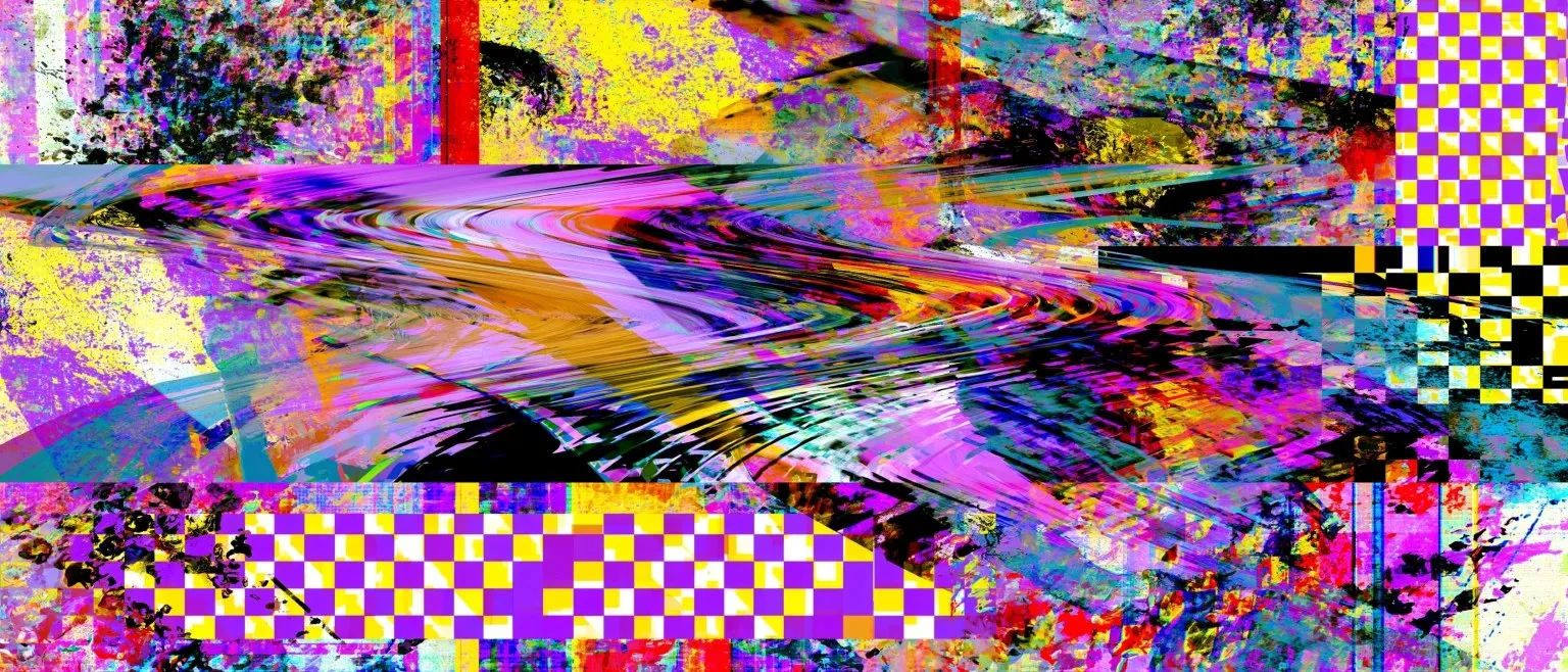 Swept violet and black strokes over yellow, checkerboard along the right edge.