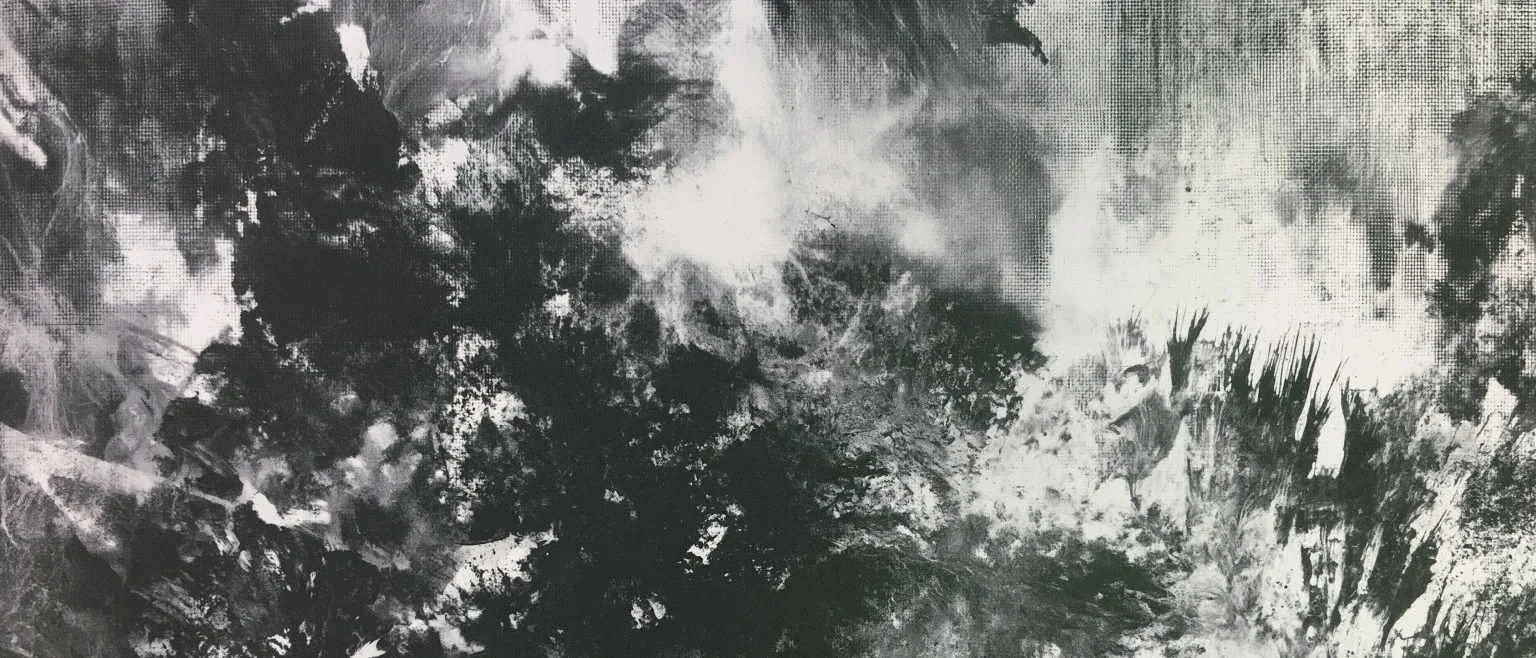 Dense black blooms breaking across pale ground.