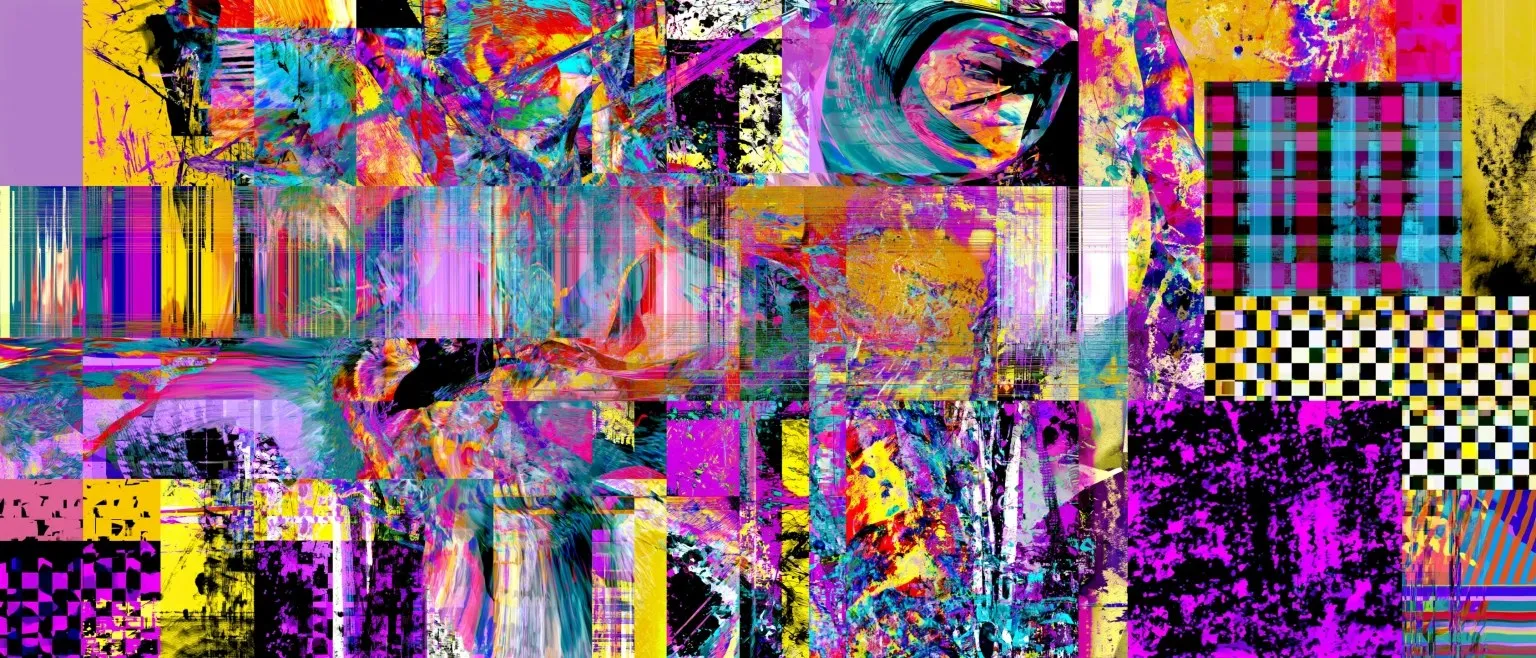 Stacked glitch panels in violet and magenta, plaid and checker blocks at the right.
