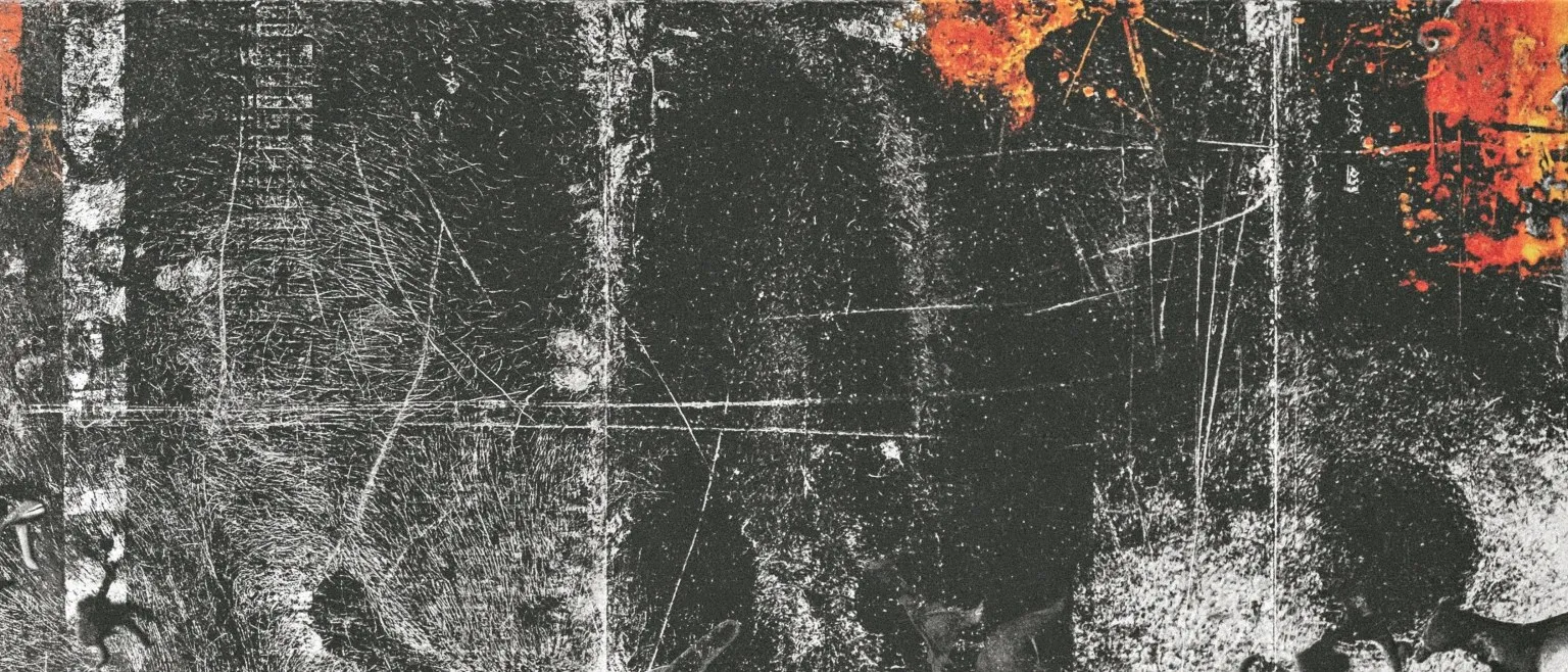 A scratched black field opening to burnt orange at the top corner.