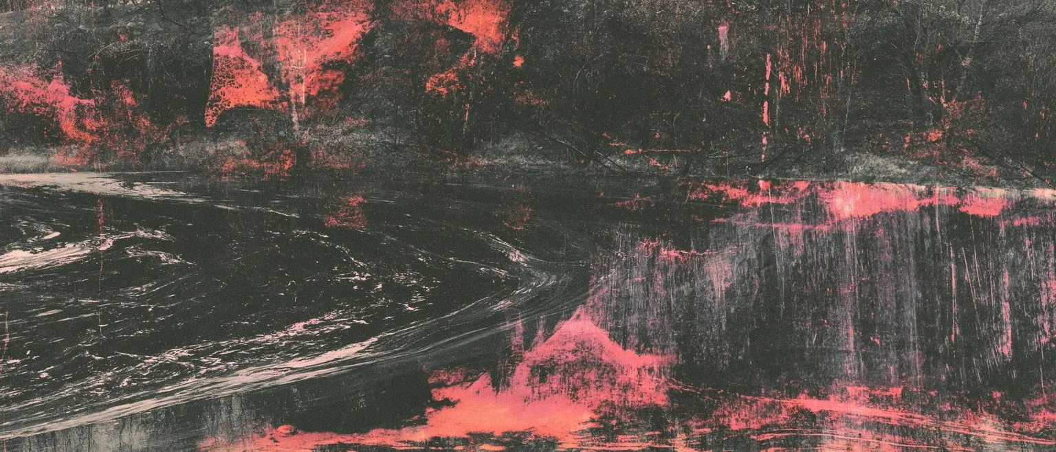 A dark river bend under a sky torn open in hot pink and red.
