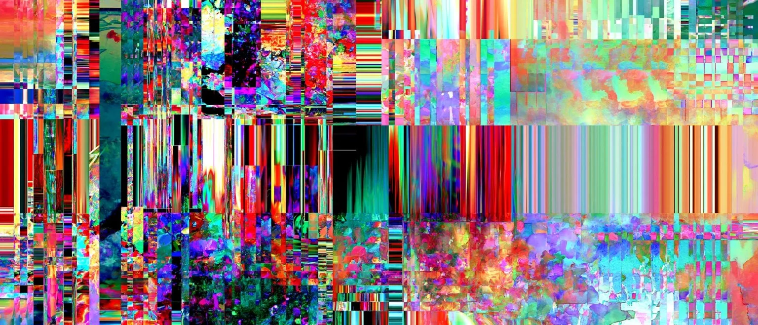 RGB-split glitch over a garden path, magenta and cyan channels sheared apart in vertical bands.