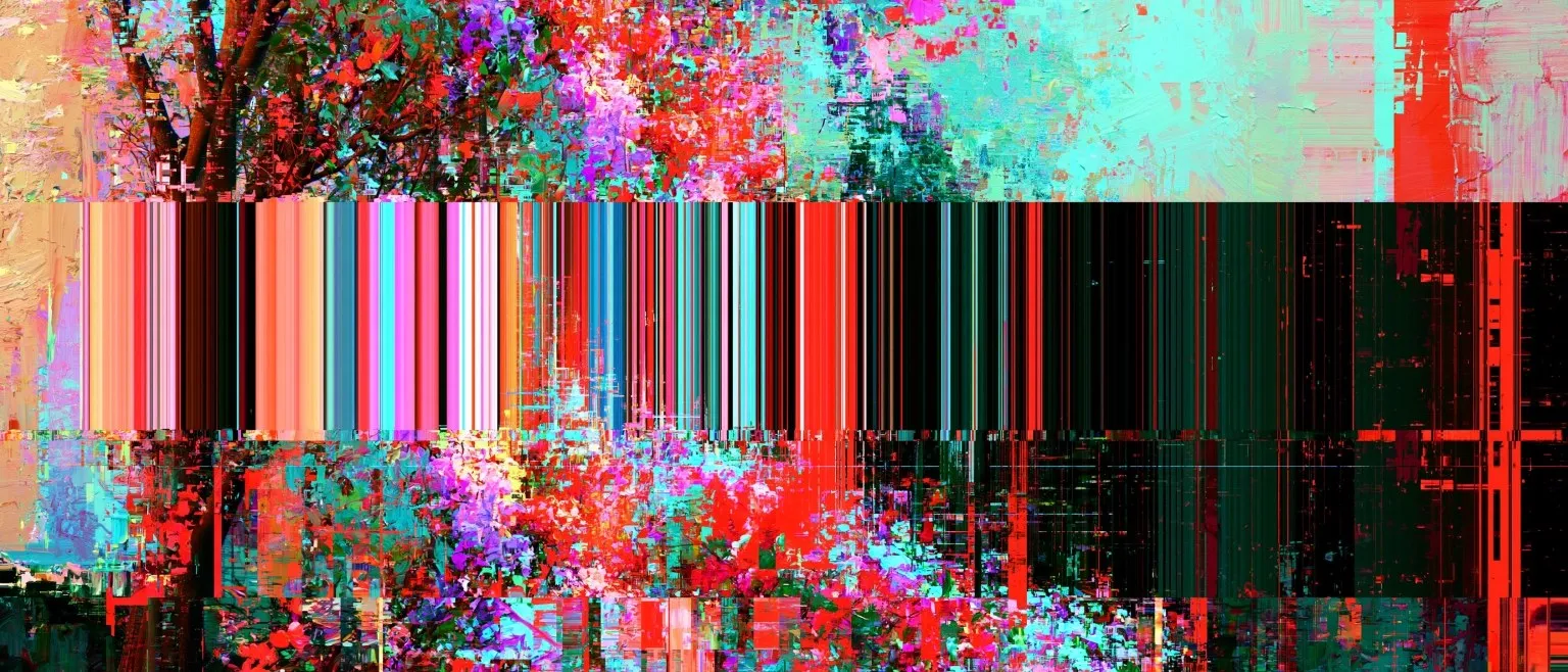 A tree in blossom torn into RGB bands, a barcode-like stripe of saturated colour cutting across the centre.