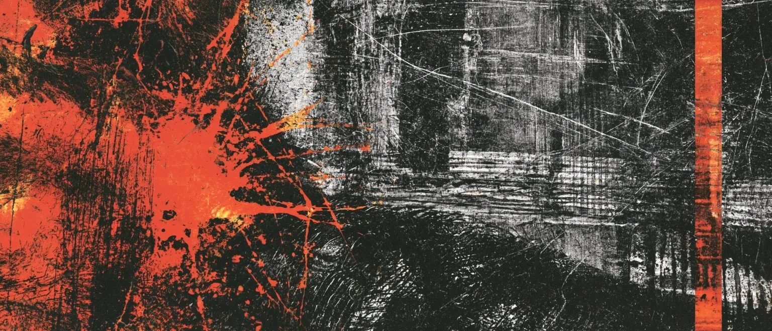 Red and orange spatter breaking across a scratched grey field, a red bar at the right.