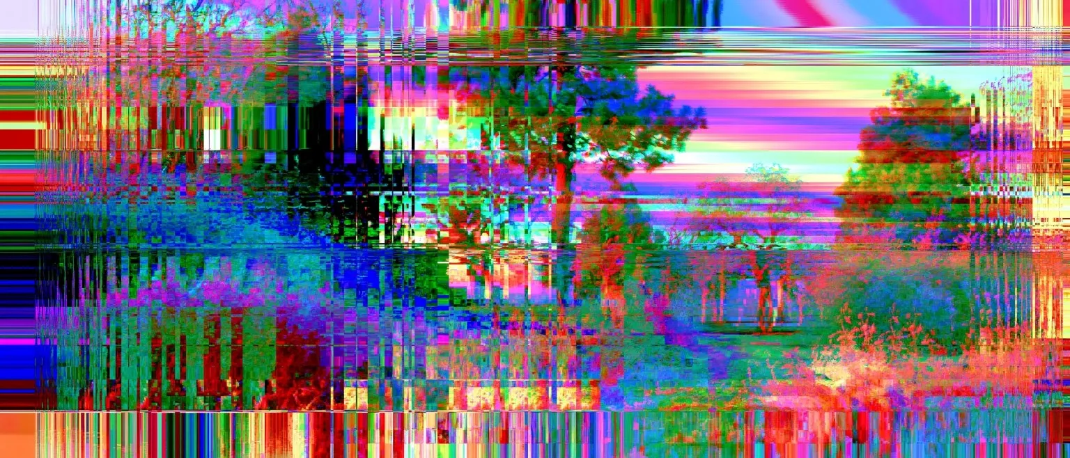 Trees and open field pulled into cyan and magenta ghosting, horizontal glitch bands streaking through the sky.