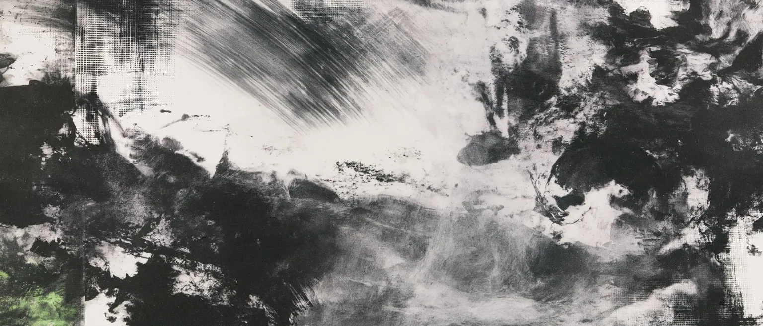 Diagonal brushstrokes cutting through drifting ink.