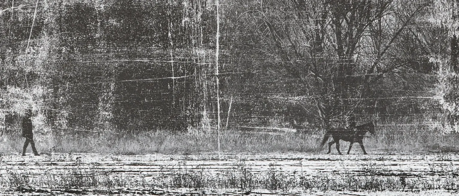 Two small figures — a walking person and a horse — on a pale scored plain.
