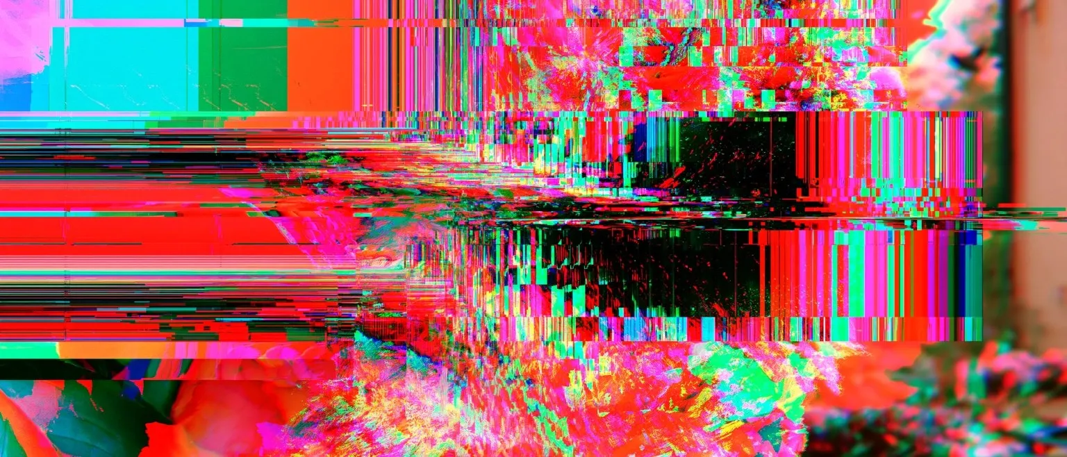 Dense red and black glitch blocks with a bright cyan and orange stripe at the top, a floral edge below.