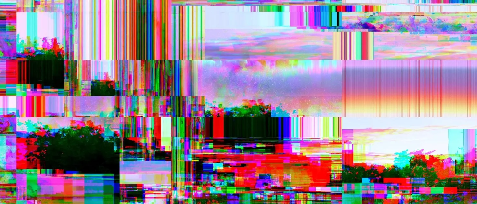 Layered horizontal glitch bands in violet and rose over a landscape, colour channels sheared into stripes.