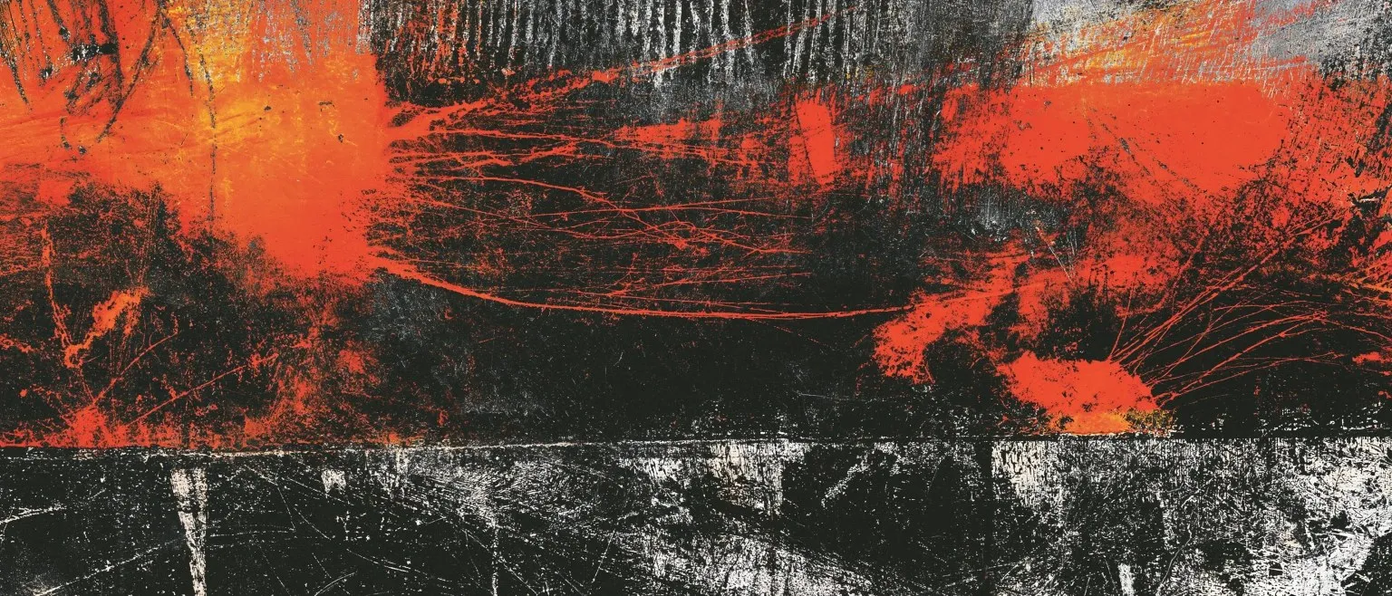 A wide orange burn across the upper field, solid black below.