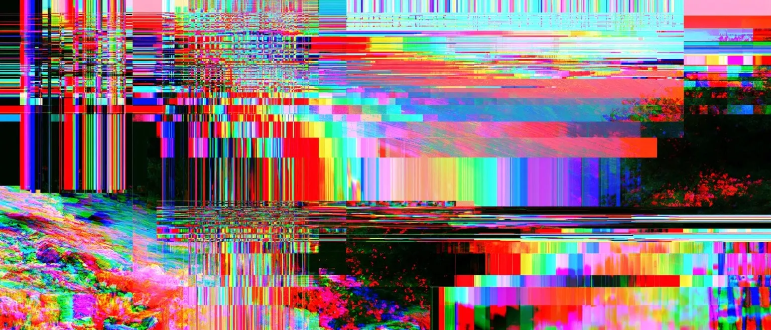 Vertical glitch bars in red, cyan and gold cutting through a garden scene, rocks and foliage at the lower left.