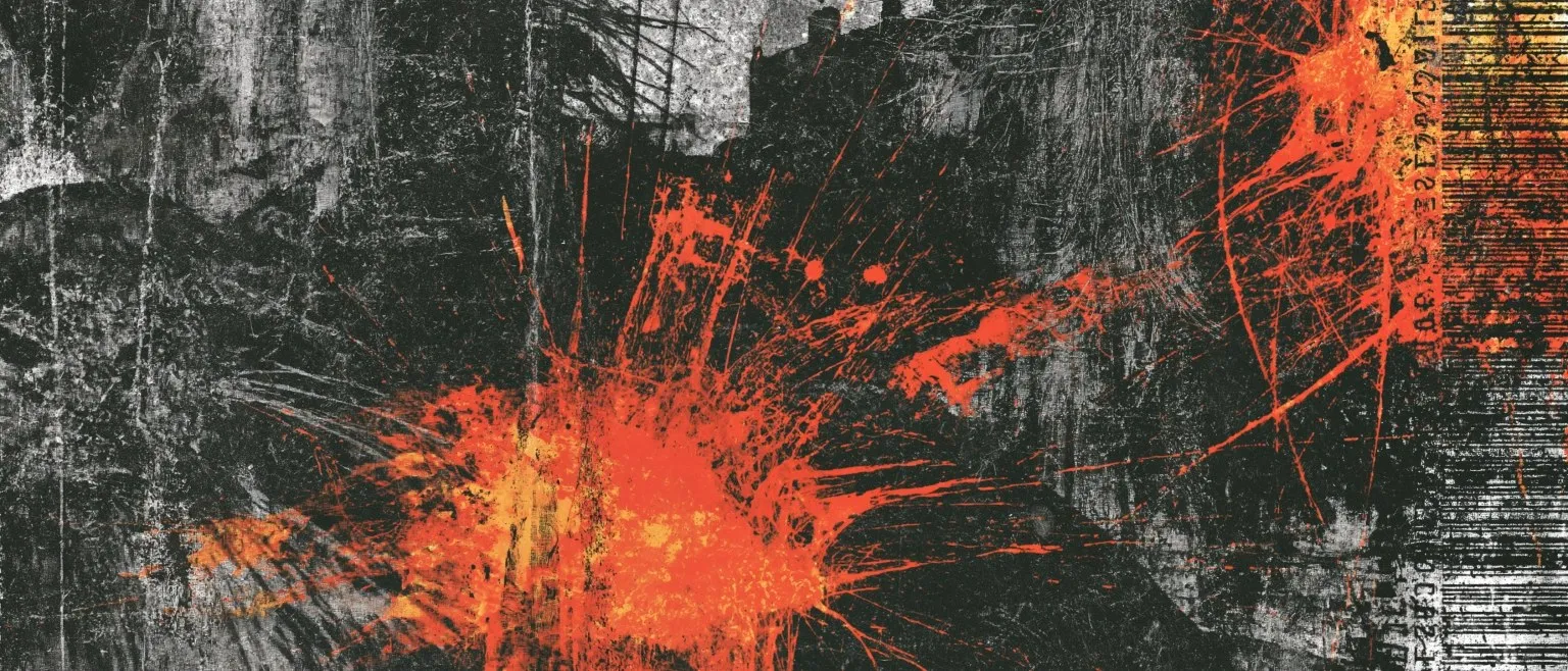 An orange starburst spattering across a grey scored ground.
