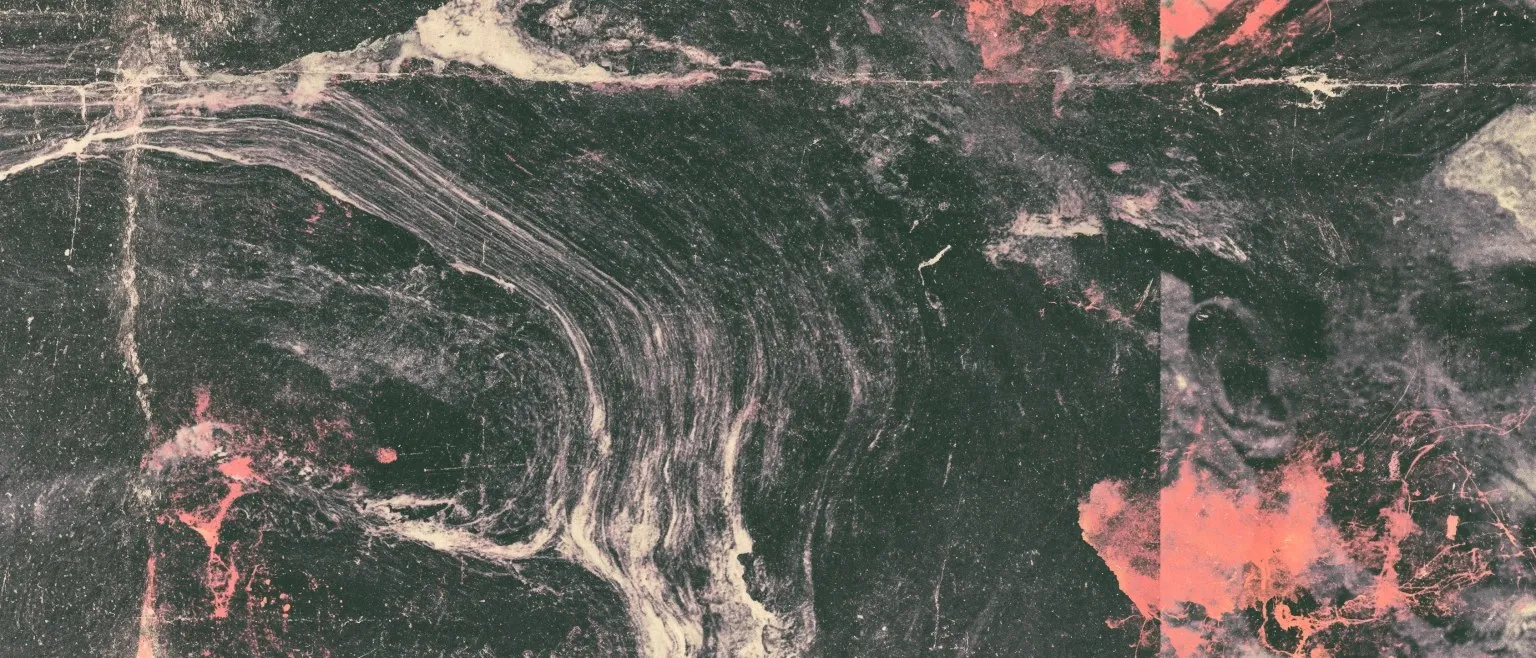 Pale marbled currents over dark green-black, pink pooling at the lower left.