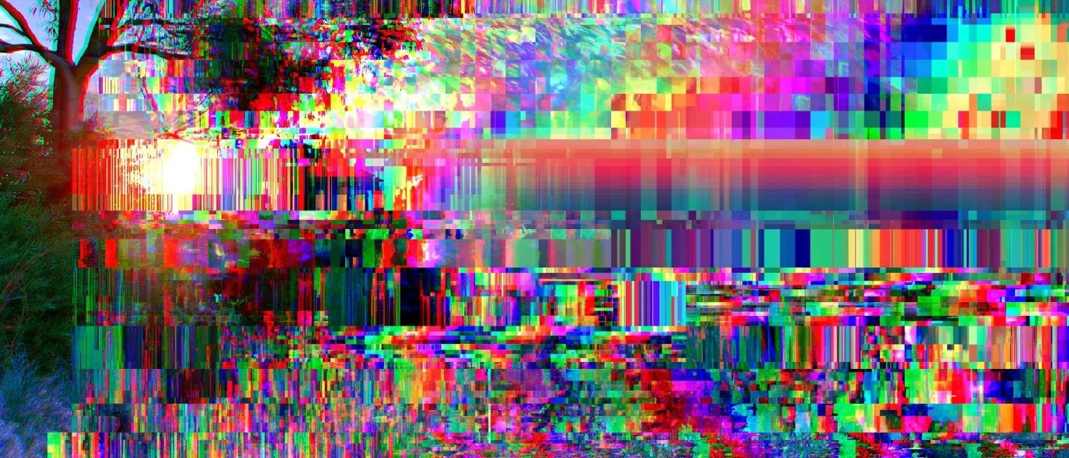 Red and teal channel-shifted glitch over foliage, a grid of fine glitch lines overlaying a dark mass at the centre.
