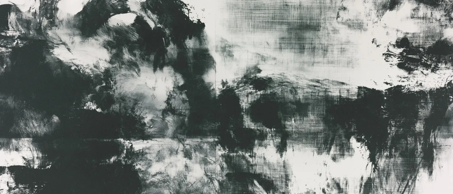 Dense dark brushwork clearing to white at the centre.