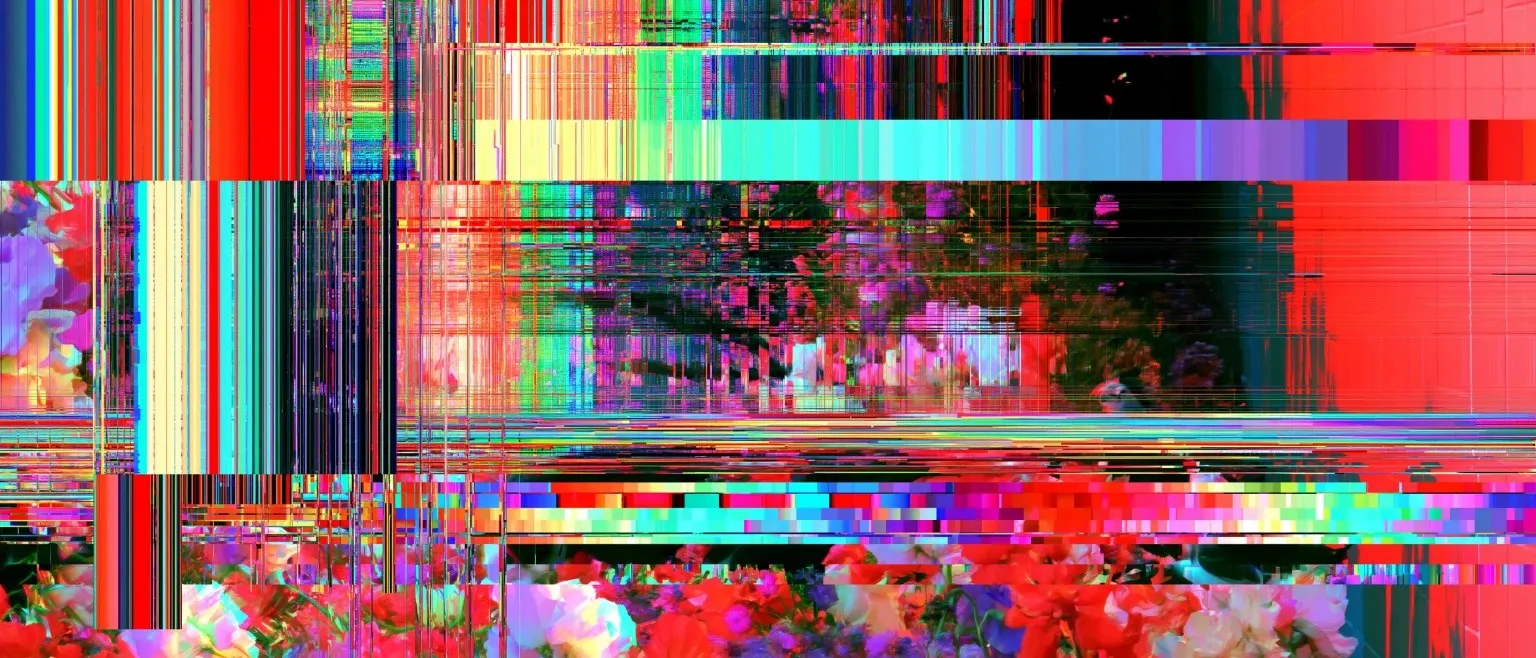 Red glitch blocks and vertical bars over massed red flowers, a black wedge cutting into the upper left.