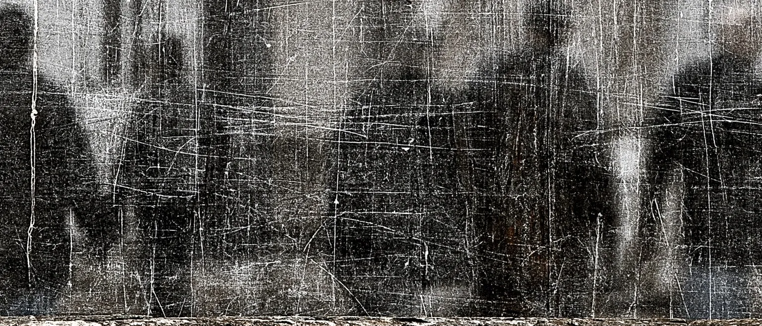 Ghosted vertical figures behind a dense grid of scratches.