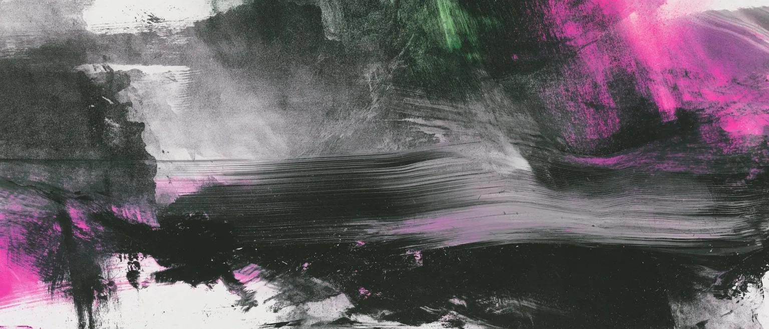 Magenta and green breaking through a wide grey sweep.