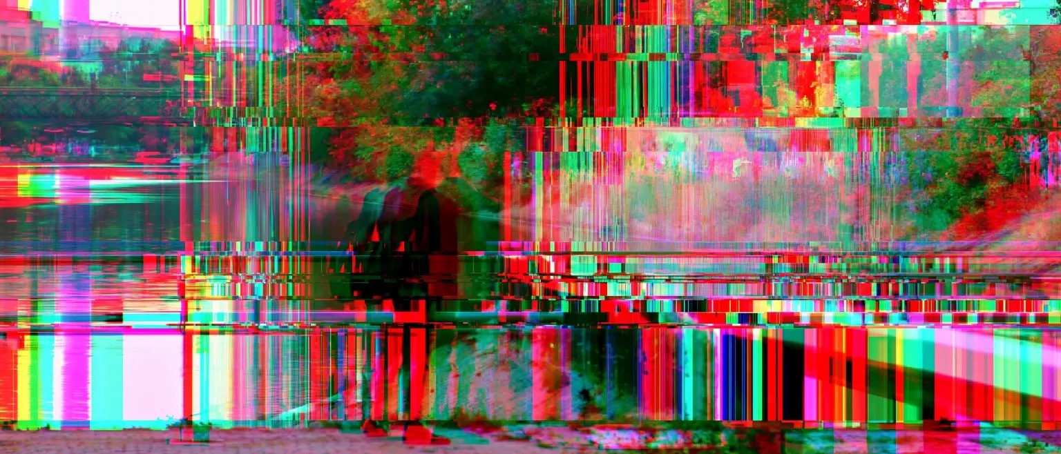 Vertical bars of red, teal and gold glitch cutting through a bright red and black field.