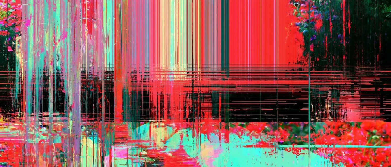 Layered red glitch bands over a garden, magenta and violet blossom breaking through at the corners.