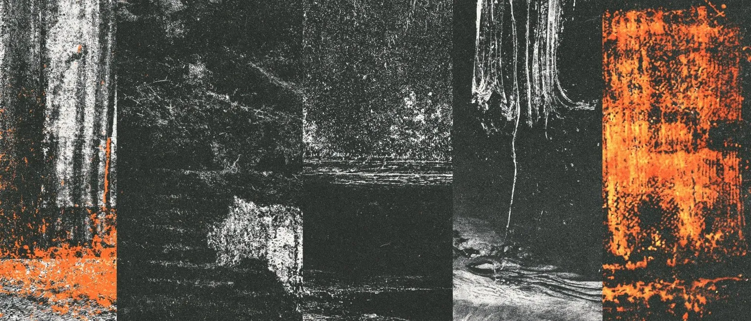 Black rectangular blocks against scraped white, orange corrosion up the right side.
