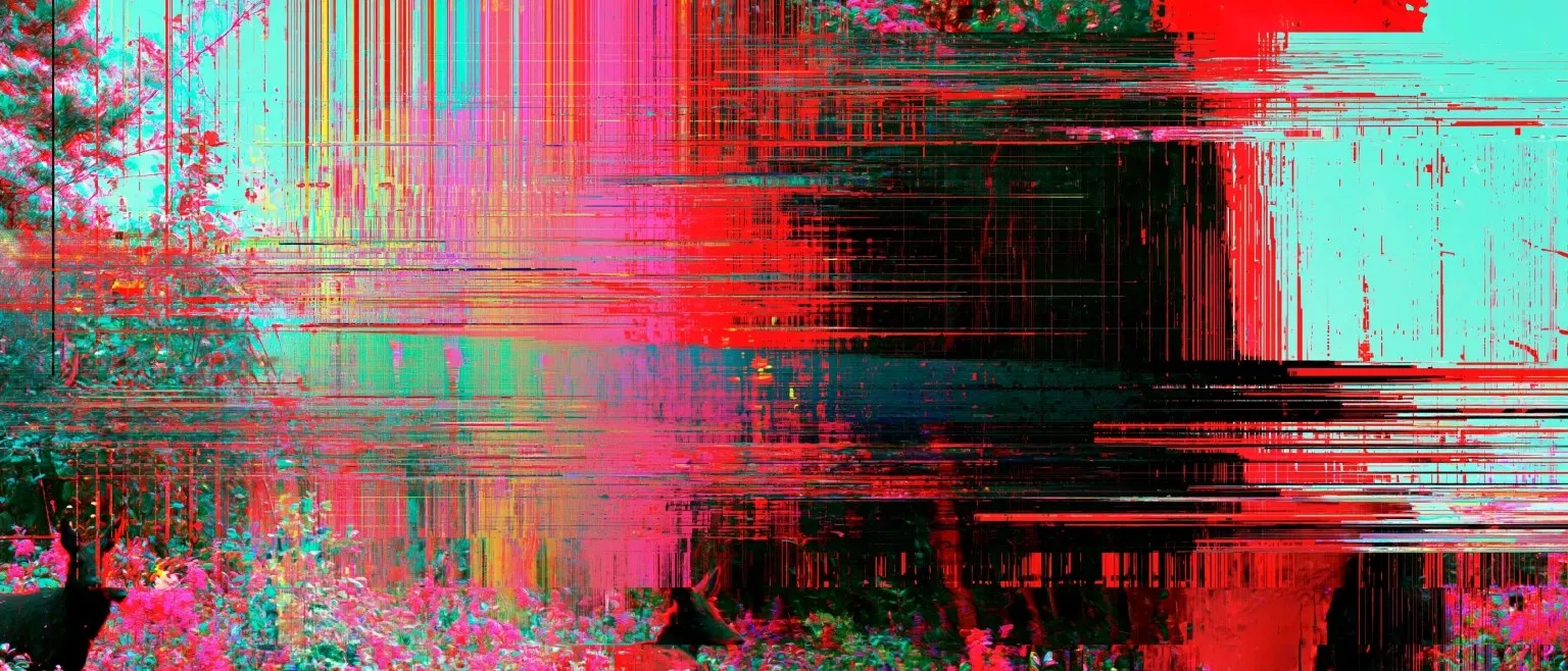 Cyan and red channel-split glitch over blossoming trees, dark horizontal glitch bands cutting across the centre.
