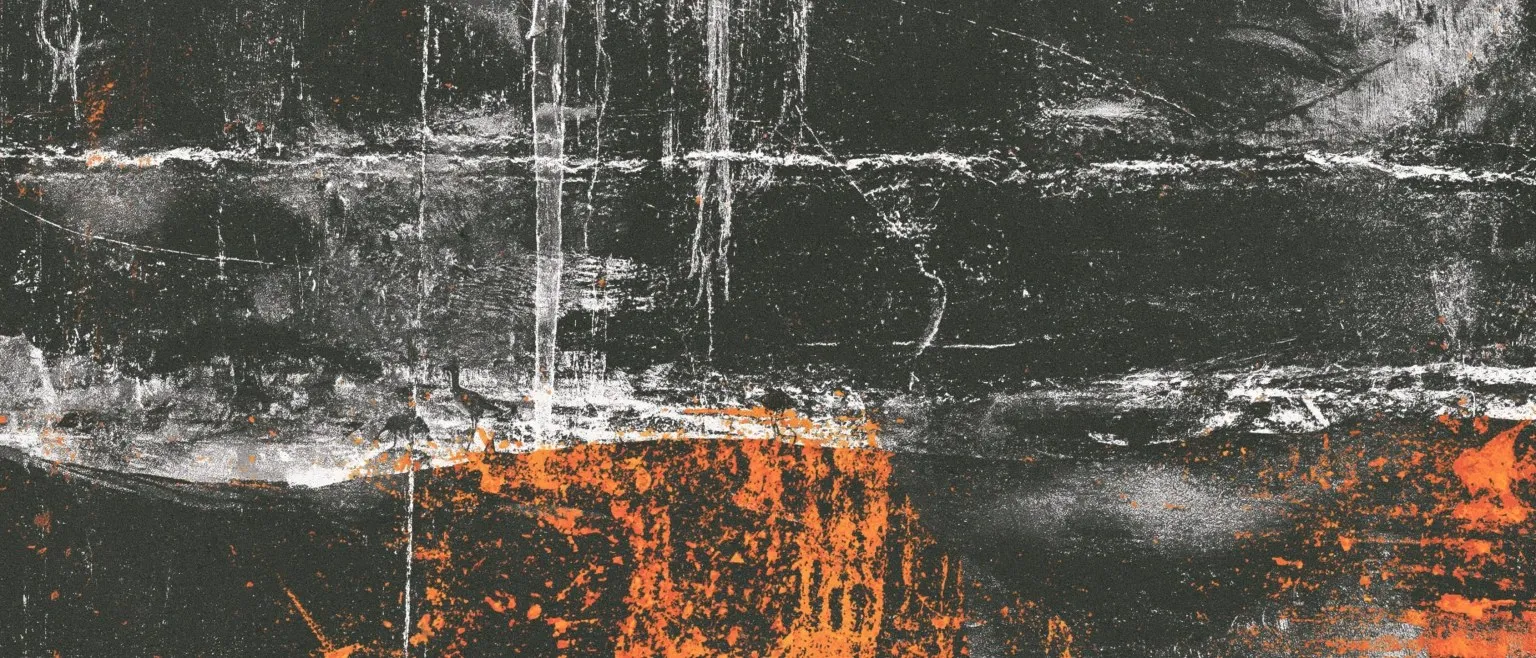 Horizontal scraped bands, orange rust gathering at the lower left.