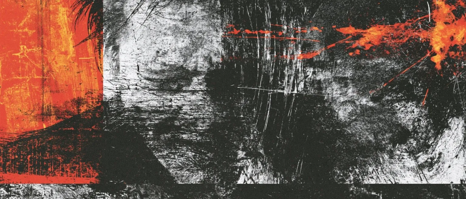 Black and white vertical scraping cut by orange marks and a red line.