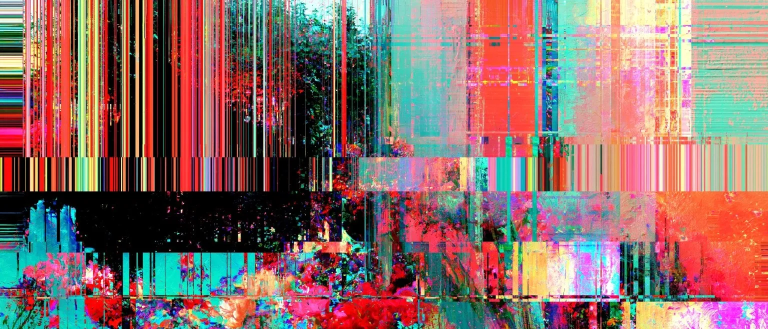 Red and teal glitch streaking diagonally across a garden path, dark foliage glitching at the lower left.