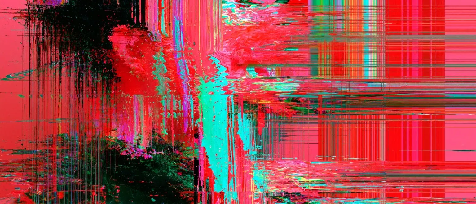Red, teal and black glitch bands cutting across a garden path, a vertical grid of fine glitch lines at the right.