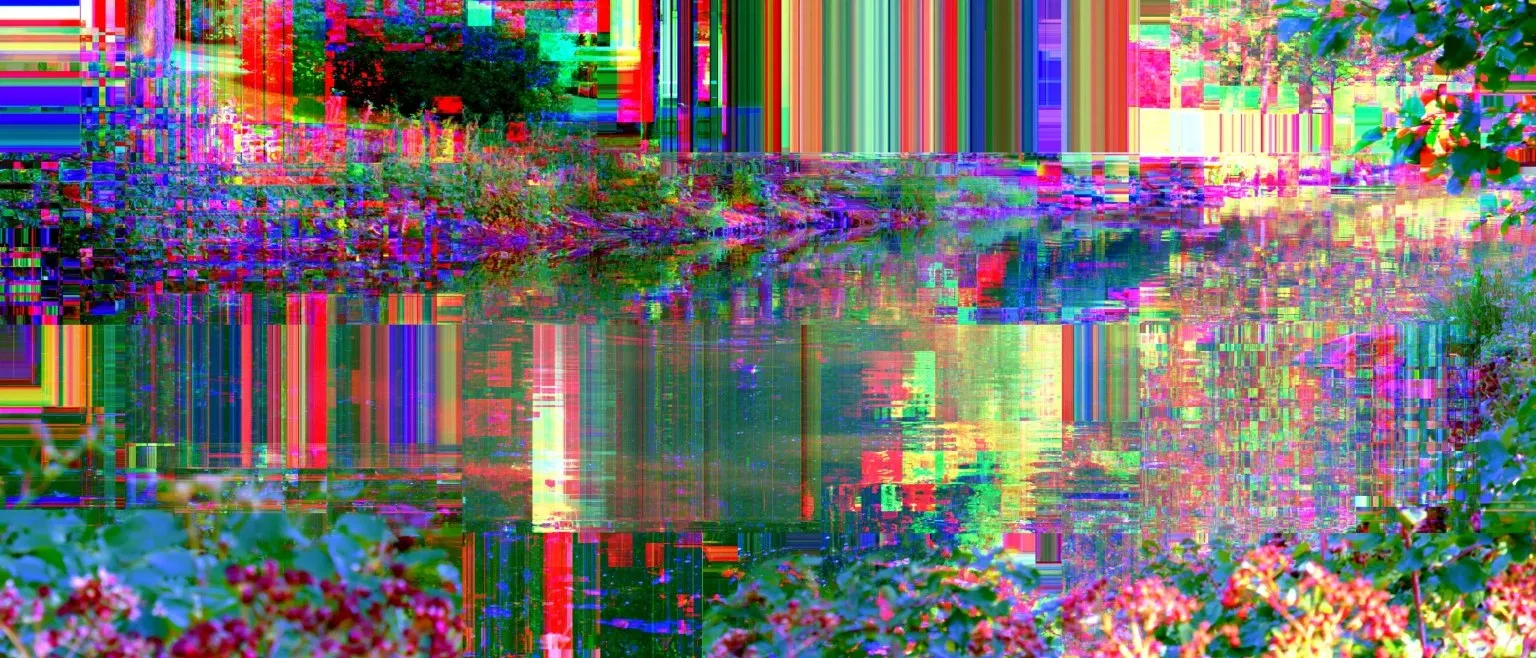 Vertical glitch bars in violet, red and green over a garden path, blossoming trees visible at the upper right.