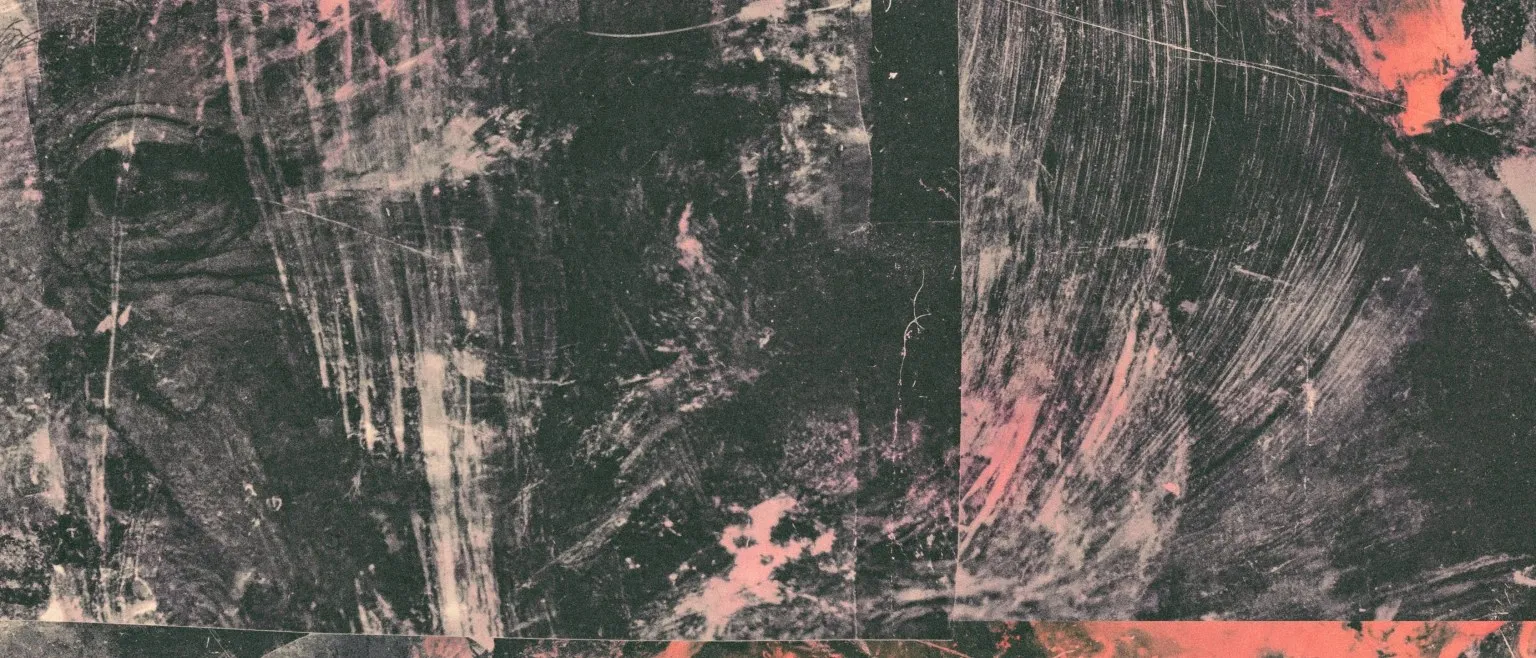 A face half-formed at the left, sweeping white scratches crossing a near-black ground streaked with coral.
