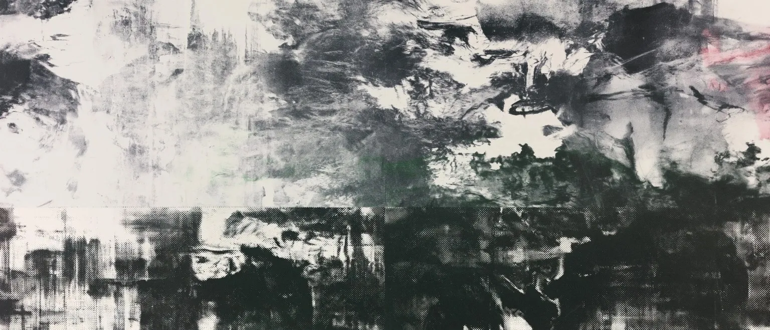 Dark blooms with a green cast over scraped pale ground.