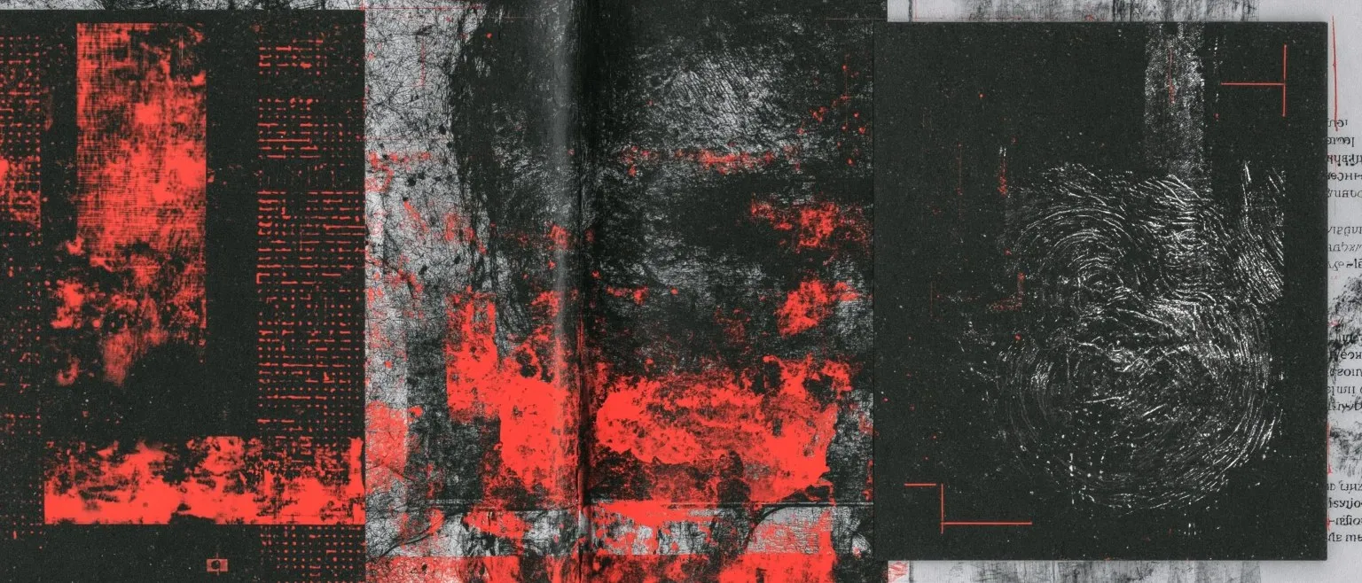 Red blocks and printed grids against scratched black, a fine red rule at the right.