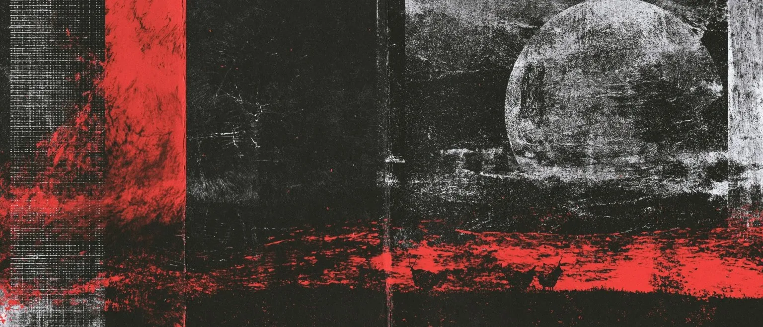 A red-stained column beside a dark wall, a pale disc rising behind it.