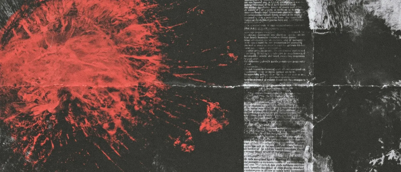 A red starburst spattering at the left, printed text blocks to the right.