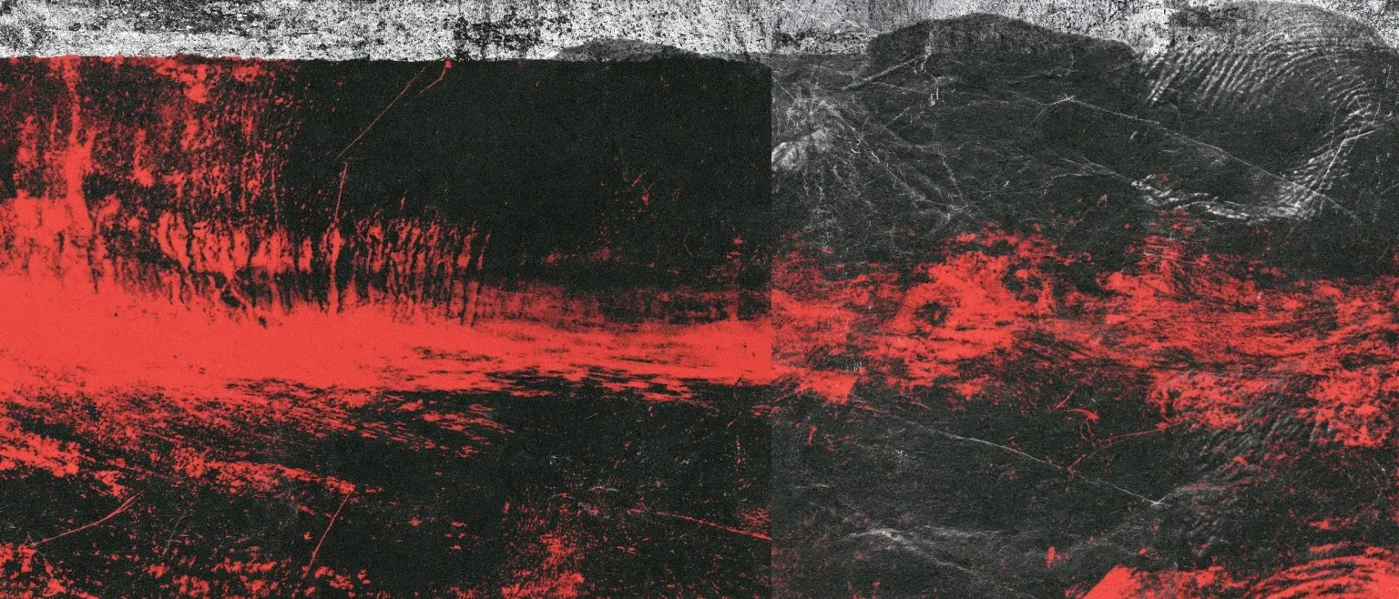 A dark red bleed across the lower field, white scraping above.