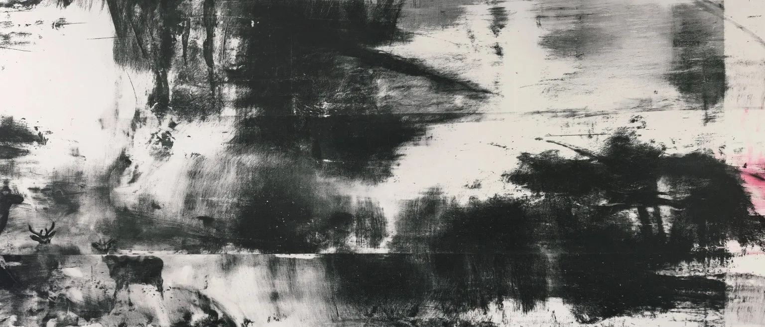 A dark horizontal drift across the middle of a pale field.
