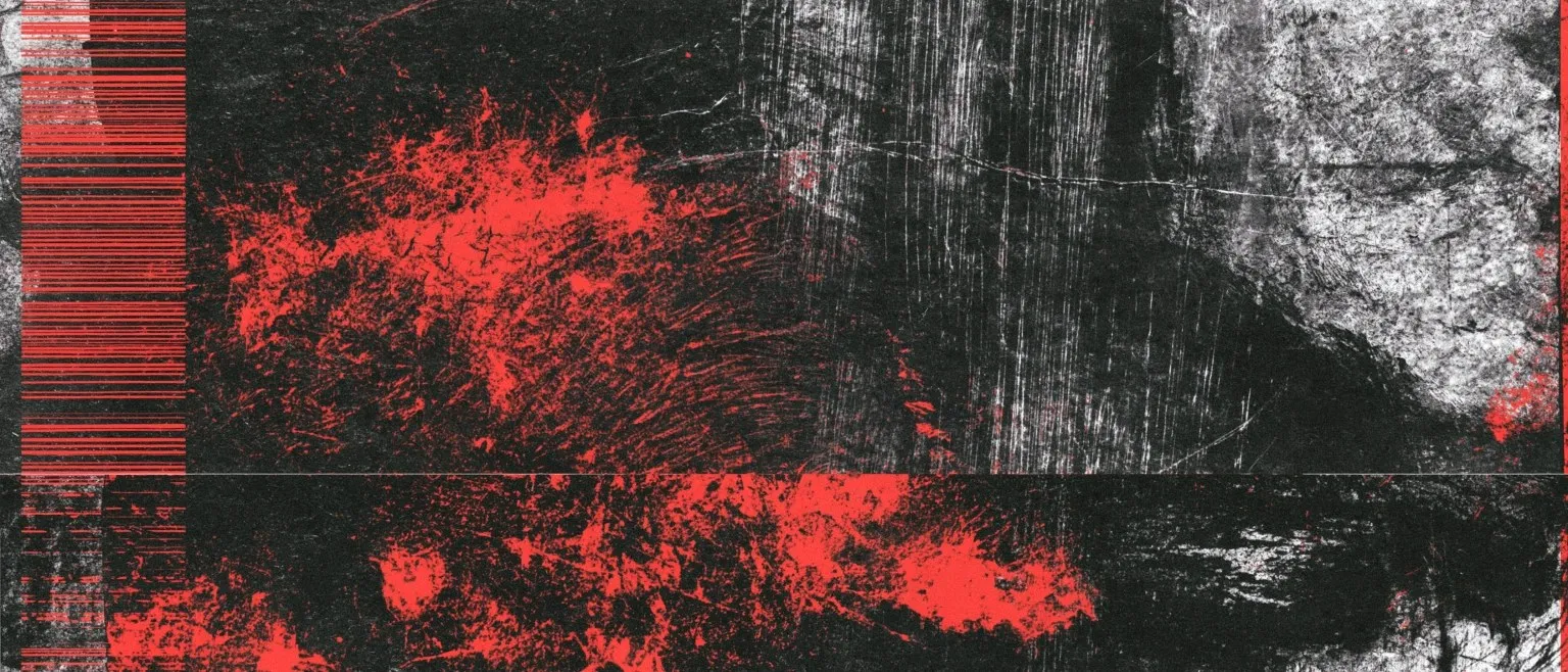 A red spatter behind a barcode of vertical lines, scored white above.