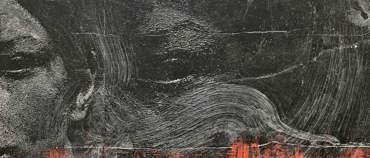 A face in profile, eyes lowered, dissolving into combed white arcs.