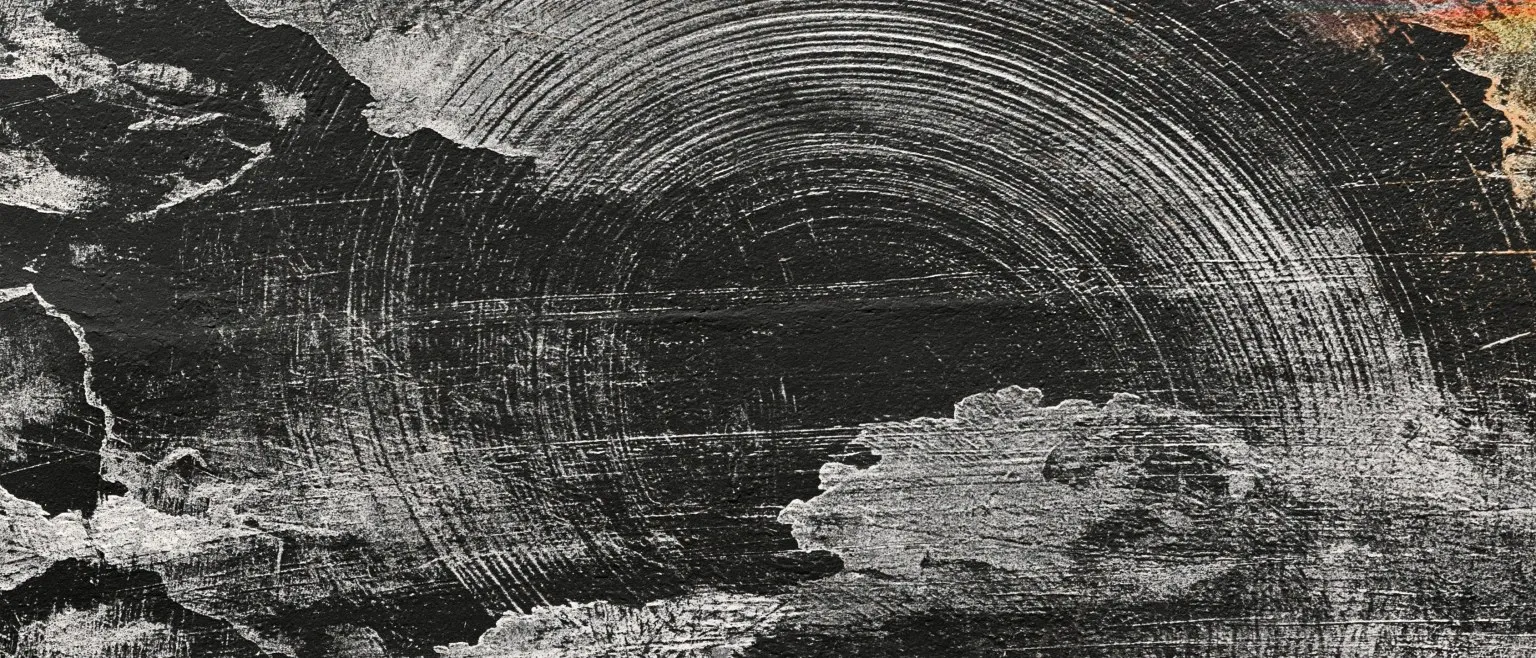 Concentric white arcs breaking against torn grey, black beneath.